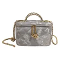 Elegant silver quilted vanity case bag with gold chain strap and camellia charm pendant - Satin-look Style / Silver