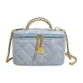 Quilted light blue vanity bag with gold chain strap and floral charm detail - Satin-look Style / Blue