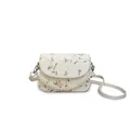 Borsa a tracolla in pizzo beige con ricamo floreale, catena di perle e tracolla lunga - Bianco