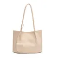 Chic cream beige textured leather tote bag for women with elegant shoulder straps - White