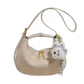 Creamy beige woven crescent bag with golden hardware and cute bear charm - Rice White (No Pendant)