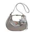Silver woven hobo bag with adjustable strap and cute plush bear charm decoration - Silver No Pendant