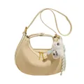 Cream woven crescent handbag with gold hardware and plush bear charm decoration - Yellow Without Pendant