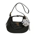 Chic black woven crescent shoulder bag with plush rabbit pendant and gold hardware - Black without Pendant