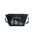 Black crossbody bag with cute cat embroidery and thick rope strap on white background - Black