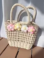 Borsa in paglia intrecciata con fiori all'uncinetto per vacanze al mare e stile estivo - Beige Fiore Rosa