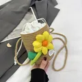 Mini woven straw bucket bag with large yellow sunflower decor and white drawstring - Khaki