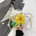 Mini woven straw bucket bag with yellow flower and white cotton rope shoulder strap - Off White