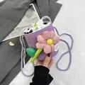 Purple woven bucket bag with large pink floral detail and white drawstring liner - Purple