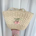Sac fourre-tout en paille beige orné de rubans verts et de charmants pendentifs - Blanc Cassé Nœud Plaid Rose