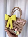Handmade woven handbag in khaki with a large yellow bow and tulip accents - Khaki Yellow Bowknot