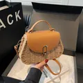 Brown leather and beige woven crossbody bag with elegant gold metal buckle closure - Khaki