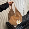 Brown crochet beach tote bag with a white handmade daisy flower on the front - Khaki