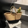 Borsa tote bicolore in cotone intrecciato con nappa per vacanze al mare - Cachi Misto Nero