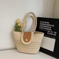 Striped woven tote bag with yellow blue patterns and a pearl buckle leather flap - Off White