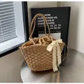 Sac en paille avec nœud en dentelle délicat et doublure à cordon pour la plage - Kaki Style 3