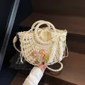 Borsa in paglia intrecciata bianco crema con fiori e fiocco in pizzo per le vacanze - Bianco Sporco