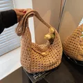 Beige gehäkelte hohle gewebte Umhängetasche mit rundem Verschluss für den Sommerurlaub - Kein Futter / Khaki