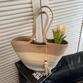 Contrast woven tote bag in beige and cream with tassels for summer beach vacations - Khaki
