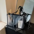 Transparent PVC tote bag with black stripes and leather handles in a frosted finish - Frosted Translucent Style (With Inner Bag) / Translucent