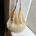 Bohemian off-white crochet shoulder bag with colorful floral strap for beach vacation - White