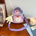 Cute purple canvas crossbody bag for kids with colorful heart patterns and cloud charm - Purple