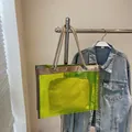 Neon green transparent PVC tote bag with hemp rope handles and matching inner pouch - Green