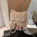 Boho crèmewitte crossbodytas met macramé franjes en geweven ruitpatroon voor het strand - Broken Wit