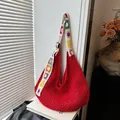 Red knit crochet hobo bag with bohemian colorful floral shoulder strap and adjustable buckle - Red