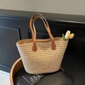 Borsa tote in paglia stile francese con manici in pelle marrone e motivo a maglia - Cachi chiaro