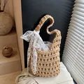 Beige crochet hollow knit beach bag with a white lace bow and drawstring inner bag - With Silk Scarf / Khaki