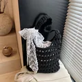 Handmade black crochet tote bag with white lace bow and beige drawstring liner - With Silk Scarf / Black