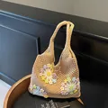 Beige hollow knit tote bag with 3D colorful flowers and large capacity design - Khaki