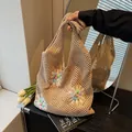 Beige hollow crochet tote bag with colorful beaded floral accents in a boho style - Pearl Trim Elegance Khaki