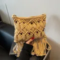 Bohemian hand-woven crossbody bag in light khaki with fringe and wooden beads - Khaki