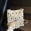 Bohemian cream macrame woven crossbody bag with long tassels and wooden beads - Off White