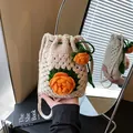Sac seau en crochet fait main beige et orange avec fermeture à cordon de serrage - Orange