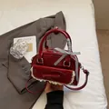 Deep red patent leather bowling bag for women with lace bow and plaid ribbon handle - Burgundy