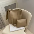 Ensemble sac seau en cuir beige minimaliste avec pochette intérieure assortie - Ensemble de sacs à bandoulière / Kaki