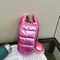 Crossbody quilted down phone bag in metallic rose pink with adjustable shoulder strap - Pink