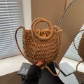 Sac de plage en paille tressée avec poignées rondes et pochette intérieure à cordon - Petit Kaki