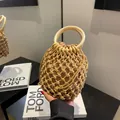 Bohemian round handle macrame handbag with beige woven mesh and drawstring pouch - Khaki