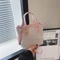 Pink jacquard tote bag with traditional Chinese landscape embroidery and leather handles - Pink Pavilion