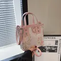 Pink floral embroidery canvas bucket bag with leather handles and silver hardware - Pink Large Flower