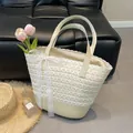 Summer woven tote bag with white lace layers and a large decorative bow in beige - Beige (With Scarf)