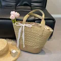 French style lace woven tote bag in khaki with a white bow for beach vacations - Khaki (With Scarf)