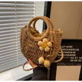 Handmade crescent straw bag with wooden tone, floral charm and drawstring lining - Khaki Brown Flower