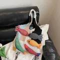 Handmade knitted tote bag with 3D colorful fish charms and tassels in cream white - White