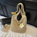 Straw hobo shoulder bag in beige with white flower charm for summer beach vacation - With Flower / Beige