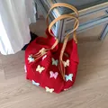 Red knit beach tote bag with 3D butterflies and tan leather handles for women - Red